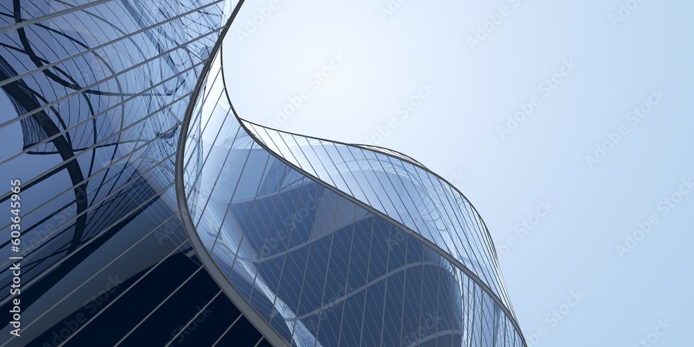 Low angle view of futuristic architecture, Skyscraper of office building with curve glass window, 3D rendering.